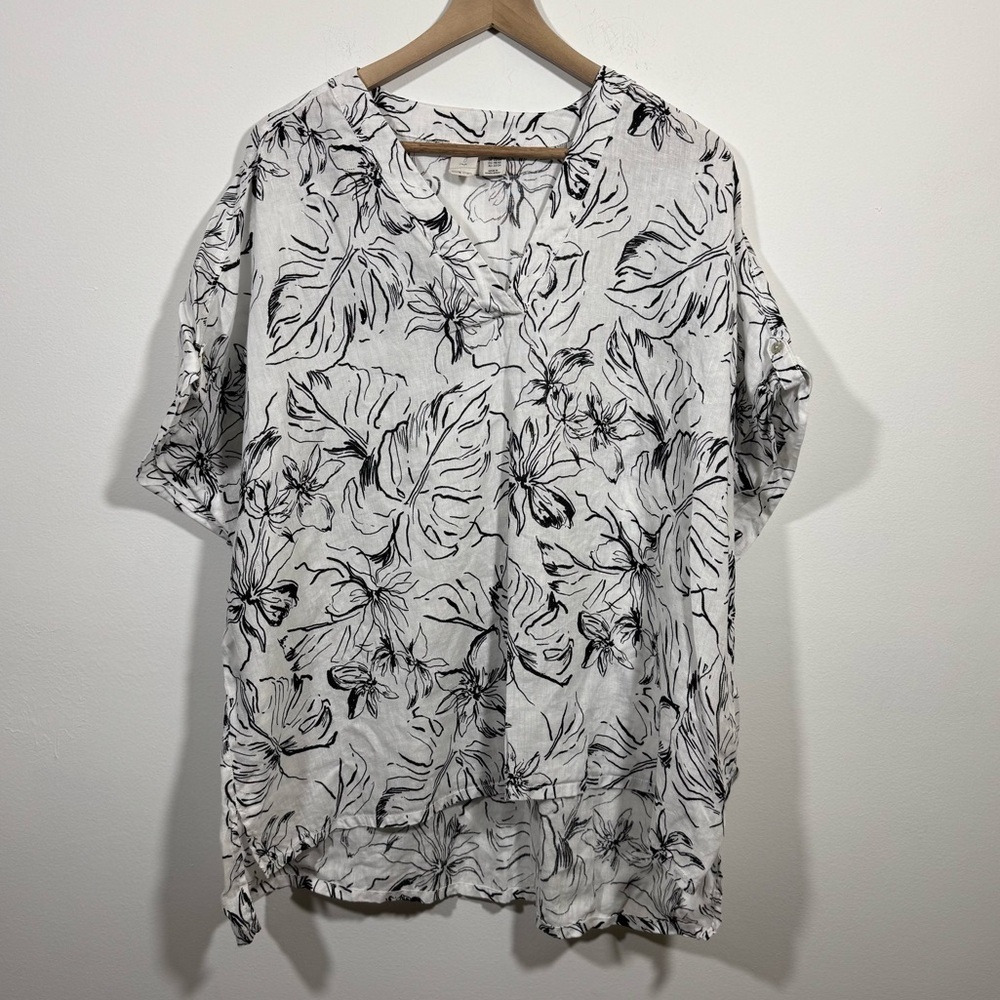 Joie Women’s Linen Short Sleeve Tunic Top Black White Floral V Neck Sz 2X
